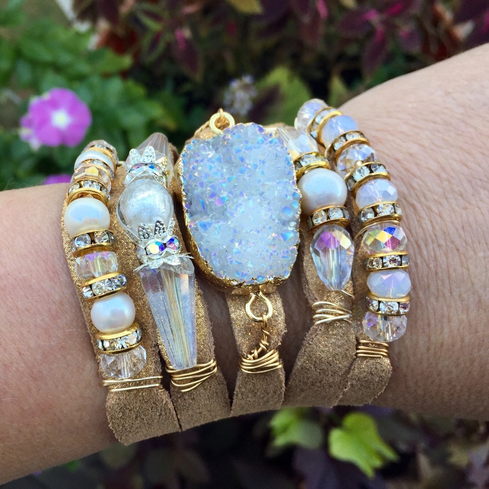 Layered Leather Cuff Bracelet Druzy and Swarovski